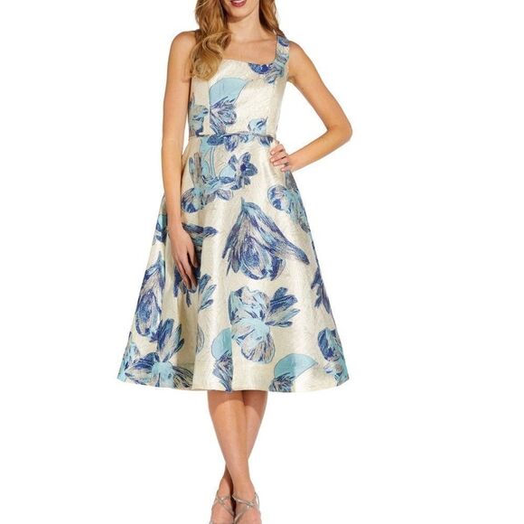 Adrianna Papell Women's Sleeveless Floral Fit-and-Flare Jacquard Dress - Picture 1 of 12